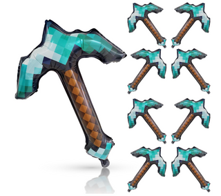 Pickaxe-shaped foil balloons set, teal and black with brown diamond stripe, pack of 8