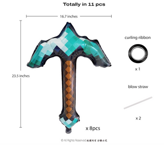 Pickaxe-shaped foil balloon with blow straw and curling ribbon, about 23.5 in tall