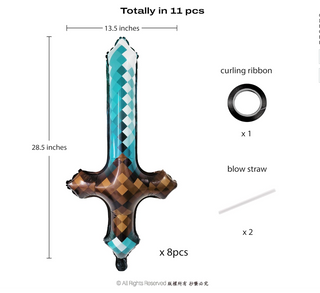 Long sword foil balloon with teal-and-brown check pattern, plus curling ribbon and straw