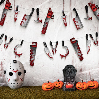 Pixel Weapon Banner, Halloween Party Decoration, Chainsaw, Knives, Plier, Hook and Bloody Decoration