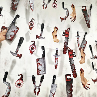 Pixel Weapon Banner, Halloween Party Decoration, Chainsaw, Knives, Plier, Hook and Limbs, Bloody Pixel Decoration