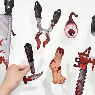 Pixel Weapon Banner, Halloween Party Decoration, Chainsaw, Knives, Plier, Hook and Limbs, Bloody Pixel Decoration