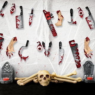 Pixel Weapon Banner, Halloween Party Decoration, Chainsaw, Knives, Plier, Hook and Limbs, Bloody Pixel Decoration