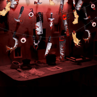 Pixel Weapon Banner, Halloween Party Decoration, Chainsaw, Knives, Plier, Hook and Limbs, Bloody Pixel Decoration