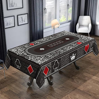 Black poker tablecloth with white ornate border and card-suit icons, rectangular, poker playmat