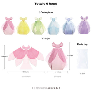 Six flower centerpiece bags with measurements and plastic packaging shown