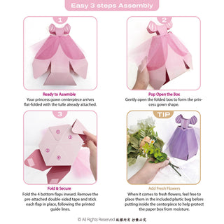 Flower centerpiece bag assembly guide showing folding and opening steps