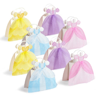Princess dress shaped gift bags in yellow, purple, pink and blue, assorted set