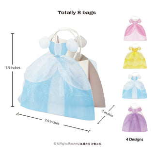 Princess dress gift bag diagram with measurements and four color dress designs
