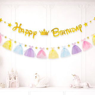 Gold Happy Birthday banner with crown lettering and colorful tulle dress pennants