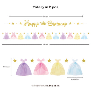 Happy Birthday banner set with gold letters, stars, and pastel tulle pennant dresses