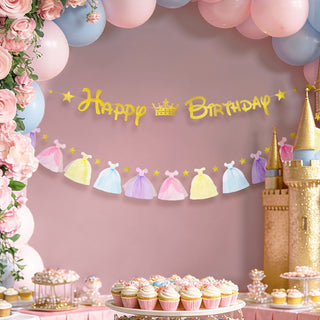 Happy Birthday banner with gold script, crown emblem, and pastel dress pennant garland