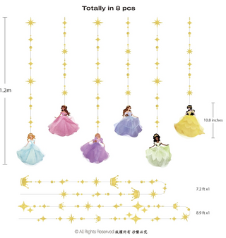Princess garland set diagram with 8 hanging dress cutouts and gold star details