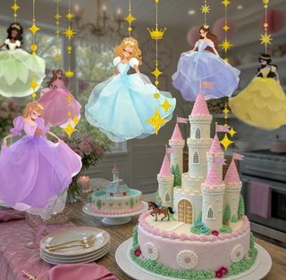 Princess dress garland set with gold crown and star strings above pastel castle cake