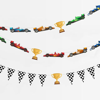 Party banner set with checkered pennants, trophy icons, and colorful race cars