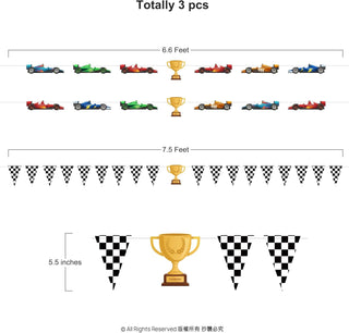 Race car party banner with checkered pennants and gold trophy accents
