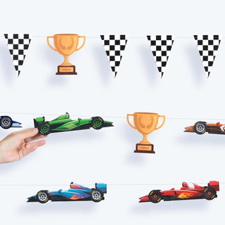 Checker pennant banner with gold trophies and colorful race cars