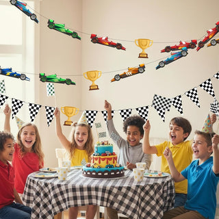 Race car party banner with checkered pennants, trophy icons, and race cars
