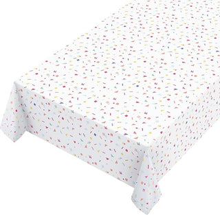 Rainbow confetti tablecloth with multicolor speckled print on a white background