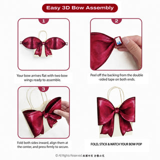Cream gift bag bow assembly steps with peel-and-fold instruction graphic