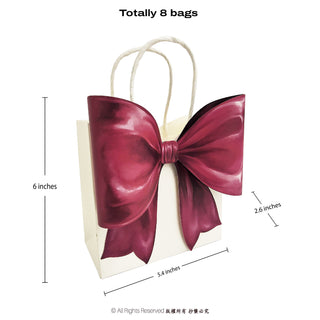 Cream gift bag with burgundy bow and rope handles with size diagram