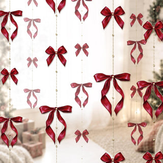 Red satin bow garland with hanging gold beaded strands and bow knots