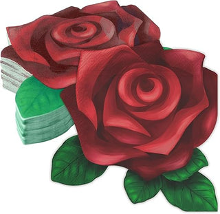 Set of red rose shaped paper napkins with green leaf accents, stacked