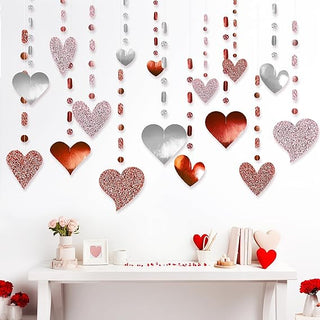 Heart garland with glitter pink, red, and silver heart decorations