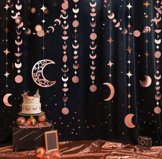 Rose gold moon and star hanging garlands with crescent shapes and bead-like links