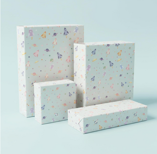 Rocket and planet gift wrapping paper sheets, pastel multicolor, starry pattern
