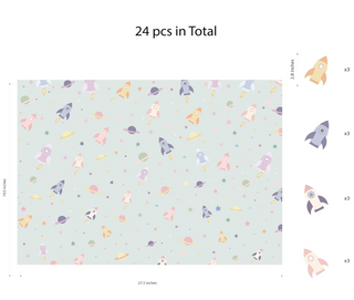 Rocket-themed wrapping paper sheet with size diagram and rocket/planet pattern