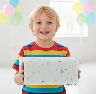Rocket pattern gift wrapping paper sheet held by child, pastel planets and stars