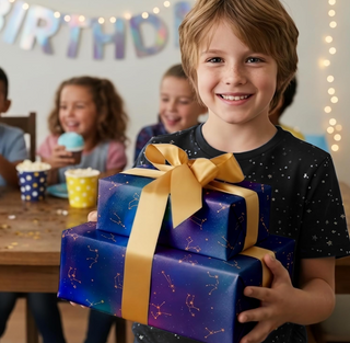 Galaxy constellation foil gift wrap on a gift box, purple galaxy print with gold constellations