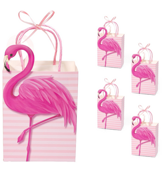 Pink flamingo gift bag with striped design and pink ribbon handles