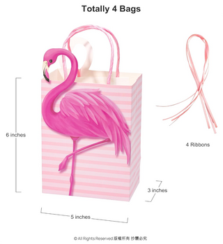 Pink striped flamingo gift bag with ribbon handles, 5 x 6 inches