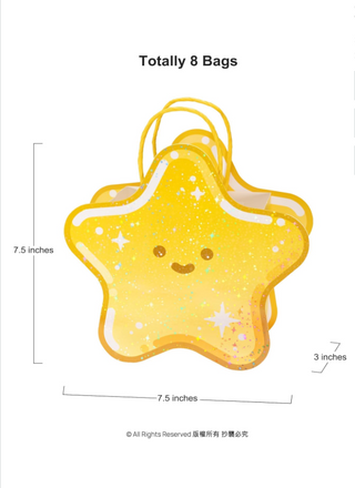 Star-shaped yellow gift bag layout with size labels: 7.5 in by 3 in