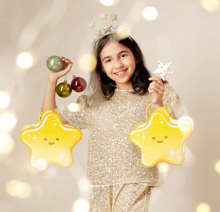 Star-shaped yellow gift bags with loop handles, glitter star fronts