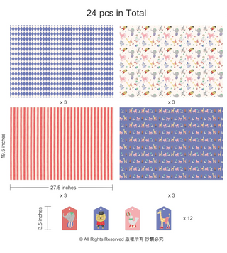 Gift wrapping paper designs with blue diamond grid, red stripes, and circus animals