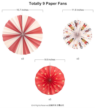 Carnival Circus Paper Fan Set in Red & Beige (9 Pcs)