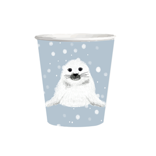 Seal party paper cup, light blue with white seal illustration and dotted pattern