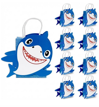 Set of 8 shark character gift bags with rope handles, blue and white.