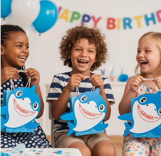 Shark character gift bags with rope handles, blue and white, held by children.