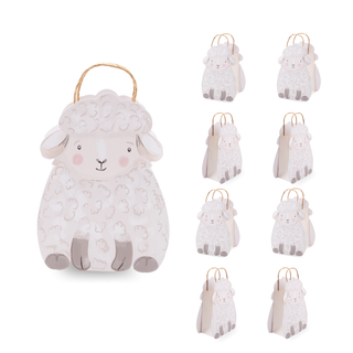 Sheep-shaped gift bag set with rope handle, light purple-gray with pink face and ears