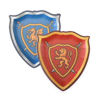 Shield-shaped paper plate with blue lion crest and sword details, gray rim, castle party decorations, knight party supplies