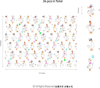 Birthday gift wrapping paper sheet with repeating cartoon geese, balloons, and stars.