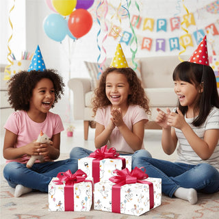 Birthday gift wrap with cartoon geese and party motifs on red-bow gift boxes.