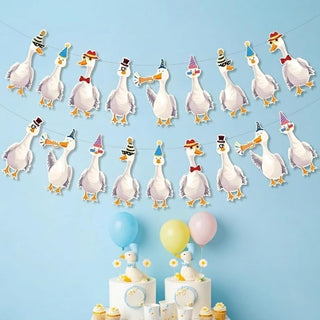 Silly Goose party garland with white geese in hats and bow ties, colorful outfits