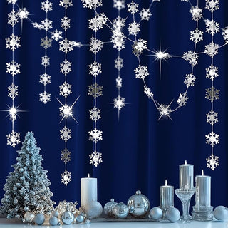 Silver snowflake hanging decoration strings with multiple white snowflake ornaments