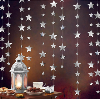 Silver star garlands kit featuring metallic star strands hanging from above