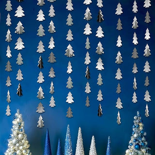 Silver tree garland strands with small pine decorations, hanging looped design